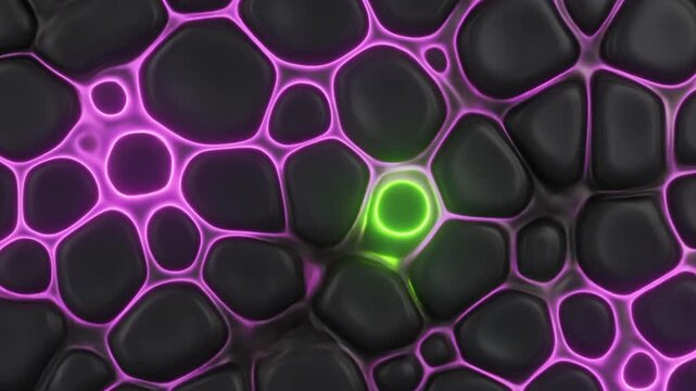 3D Abstract Dark Cellular Voronoi Pattern with Glowing Neon Pink and Green Lights
