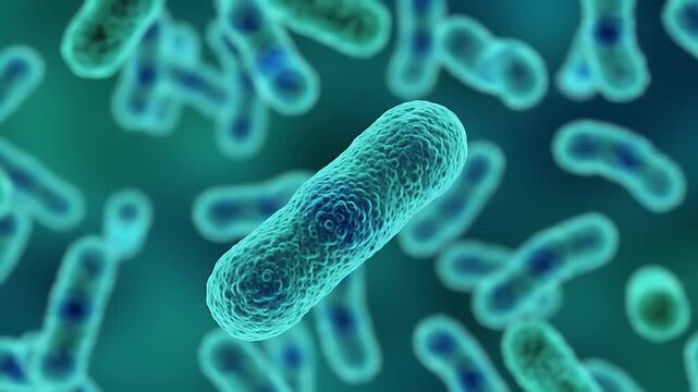 Close-up, 3D rendering of rod-shaped bacteria with textured surfaces