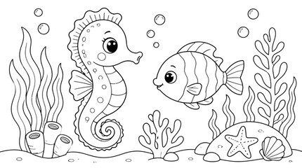 Fototapeta premium Seahorse and Fish in Underwater Scene with Coral and Starfish