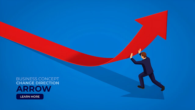 Businessman manipulating a large red growth arrow to change direction