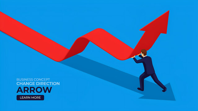 Businessman navigating and bending a red rising growth arrow with business