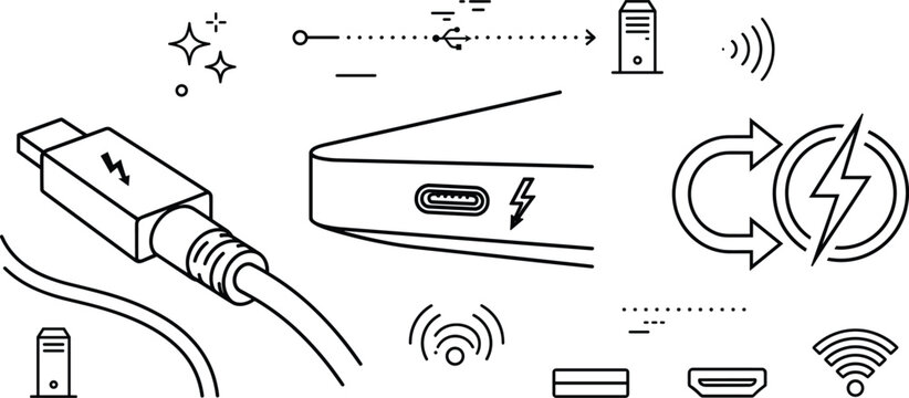 USB C Thunderbolt Cable Port Fast Charging Data Transfer Line Art Icon Set