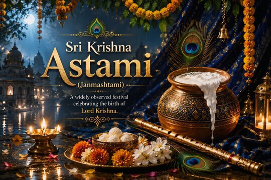 Sri Krishna Janmashtami Festival Greeting Banner with Dahi Handi Pot, Flute and Peacock Feather