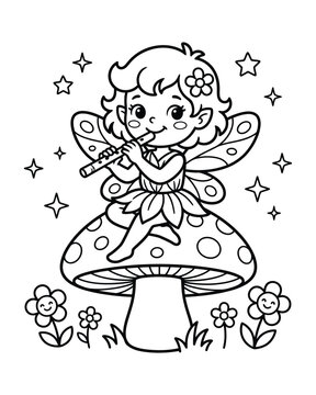 Cute little fairy girl playing music on a wooden flute while sitting on a large spotted mushroom
