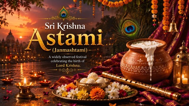 Sri Krishna Janmashtami Festival Greeting Banner with Dahi Handi Pot, Flute and Peacock Feather
