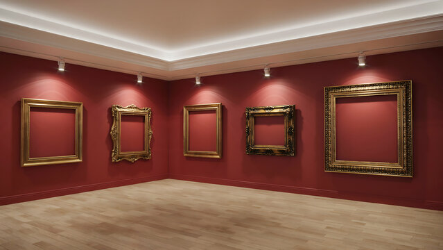Empty traditional art gallery room with antique ornate frames on red walls
