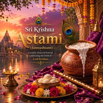 Sri Krishna Janmashtami Festival Greeting Banner with Dahi Handi Pot, Flute and Peacock Feather
