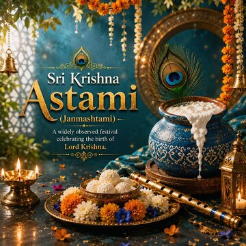Sri Krishna Janmashtami Festival Greeting Banner with Dahi Handi Pot, Flute and Peacock Feather