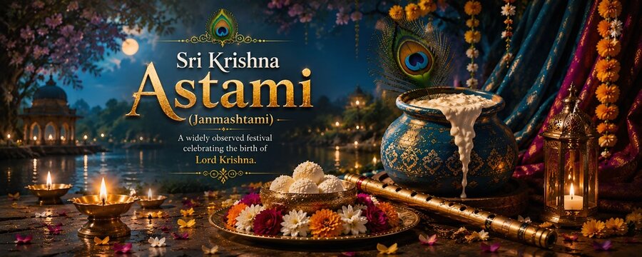 Sri Krishna Janmashtami Festival Greeting Banner with Dahi Handi Pot, Flute and Peacock Feather
