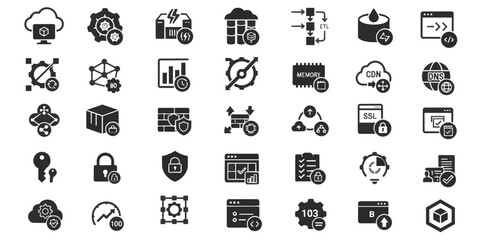 Fototapeta premium A set of 40 black vector icons covering cloud security, cybersecurity, data protection, database security, identity and access management (IAM), SSL, backup, synchronization, and IT infrastructure.