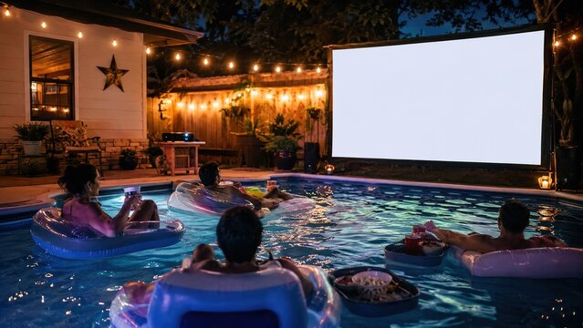 Outdoor Backyard Movie Screen By Pool With Friends And String Lights