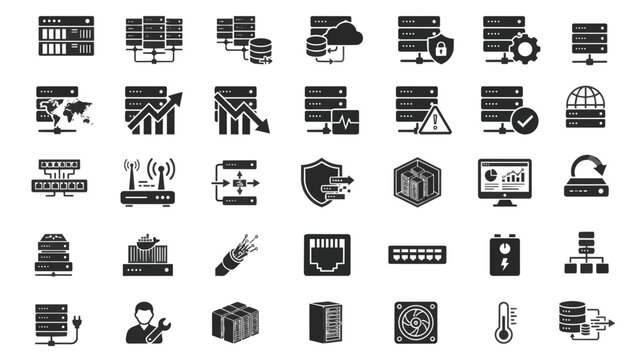 A set of 35 flat black vector icons related to data centers, servers, networks, cloud computing, cybersecurity, data storage, analytics, and IT infrastructure.