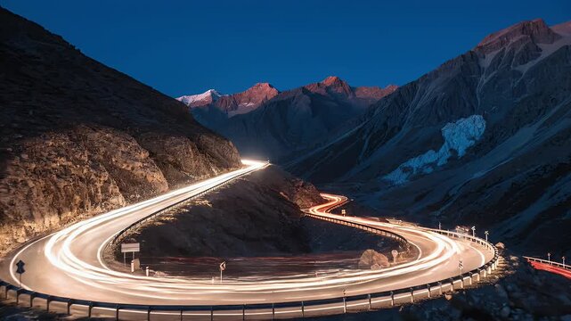 Mountain pass highway with light trails at dusk