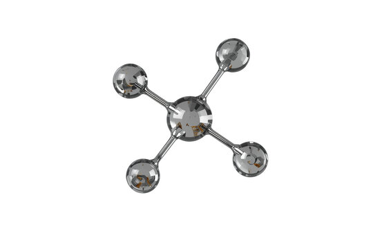Molecule structure featuring shiny spheres and metallic rods, representing scientific research and atomic bonds, transparent background