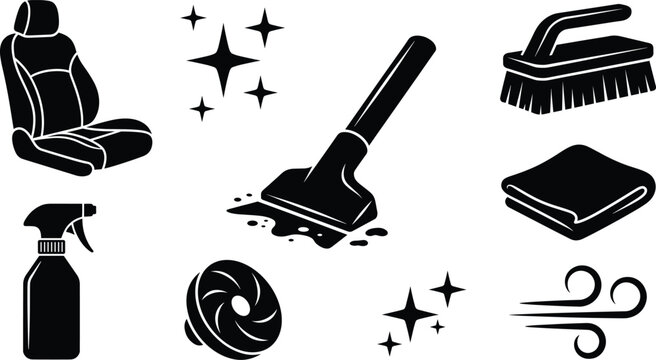Car Detailing and Interior Cleaning Equipment Silhouette Icon Set for Auto Wash