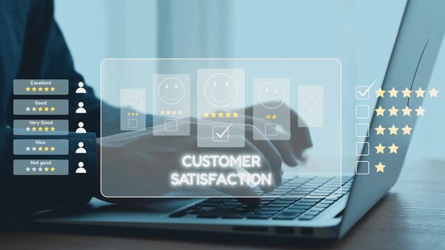 A close-up view of hands typing on a laptop, surrounded by visual indicators of customer satisfaction with smiley faces and star ratings, highlighting digital feedback integration. Qubit