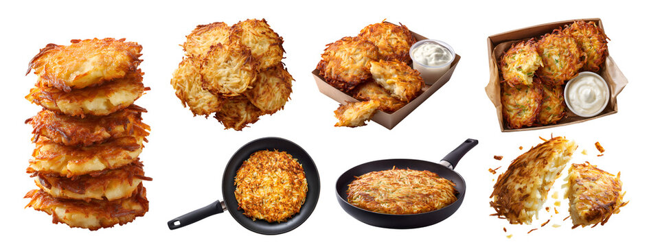 Set of crispy grated potatoes rostis rooschti golden pancakes, skillet frying pan, takeout craft box with mayo dip, stack pile broken bitten, transparent cutout PNG mockup