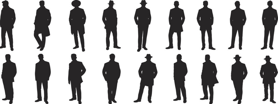 Formal male silhouettes set, black suit and coat icons, fashion poses, vintage and modern menswear, character design reference grid