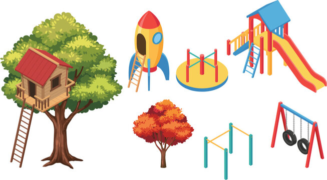 Cartoon Playground Elements Collection with Treehouse, Slides, Swings, Climbing Bars, Rocket Play Structure, and Park Equipment for Kids Designs