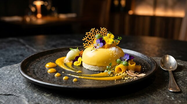Gourmet yellow mango mousse dessert served on a black plate in a fine dining restaurant. Mango Mousse Recipe