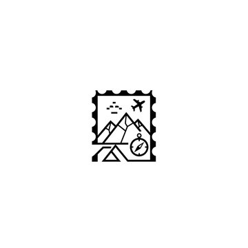 Adventure Stamp: Mountains, Compass, Airplane Icon