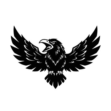 Aggressive Black Eagle Silhouette with Open Wings and Beak on White Background