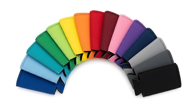 Set of colorful foam drink cooler sleeves arranged in a rainbow arc. koozie