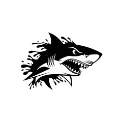 Naklejka premium Aggressive Shark Head with Water Splashes - Black and White Illustration