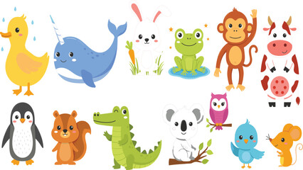 Naklejka premium Cute Cartoon Animal Collection with Duck, Narwhal, Rabbit, Frog, Monkey, Cow, Penguin, Crocodile, Koala, Bird, and Mouse for Kids Designs