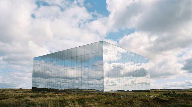 A modern minimalist building with a mirrored exterior facade reflecting the cloudy sky.