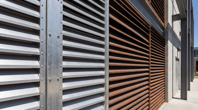 Industrial building facade with metallic and rusty louver panels.