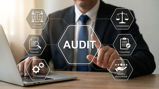 Businessman working on laptop reviewing financial audit process
