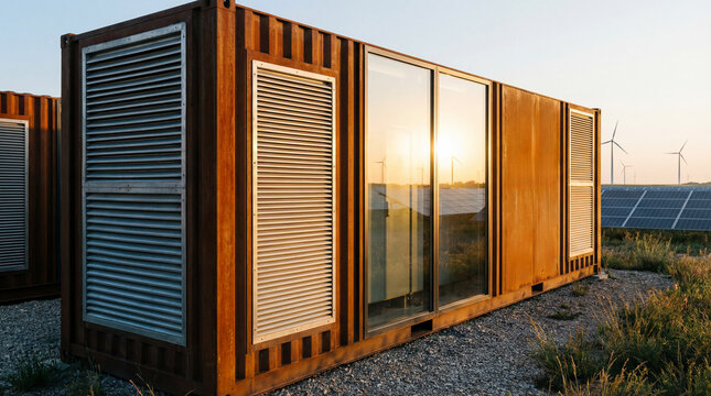 Industrial Battery Energy Storage System Housed in a Corrugated Metal Shipping Container.