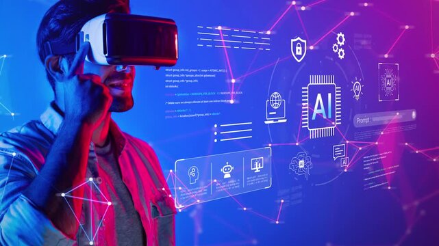 Individual Using Virtual Reality Headset Surrounded by Digital Graphics and Data Representations of Artificial Intelligence and Technology Concepts Gluon.