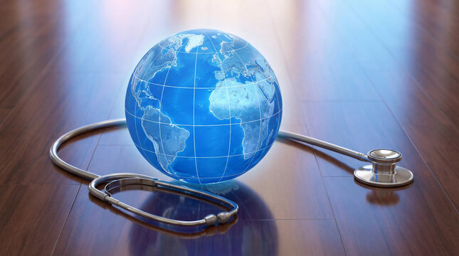 A blue globe resting next to a medical stethoscope on a wooden table.
