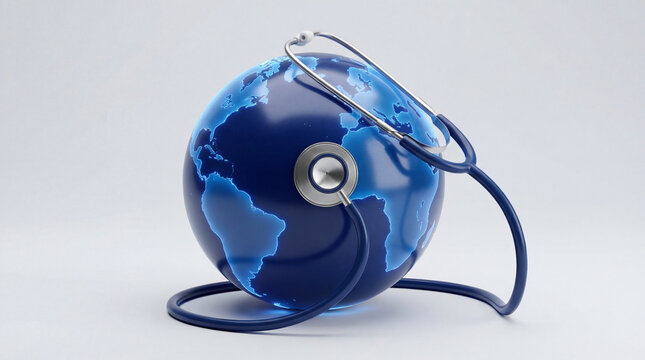 Stethoscope wrapped around a blue globe representing global healthcare.
