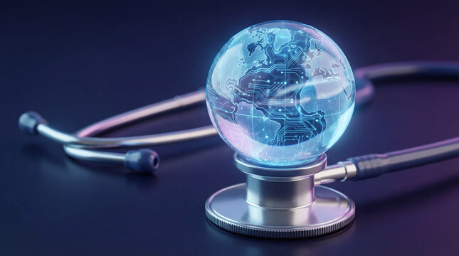 Stethoscope resting with a glowing blue crystal globe on dark surface.