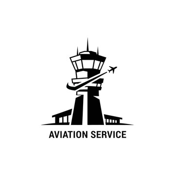 Airport Control Tower Silhouette with Airplane and "Aviation Service" Text