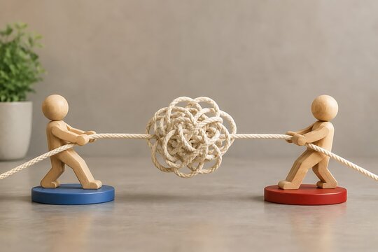 Wooden figures pulling tangled rope in tug of war representing conflict resolution and difficult problem solving
