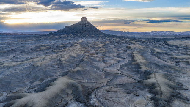 Beautiful View of Factory Butte with Badlands as Foreground, Drone photo