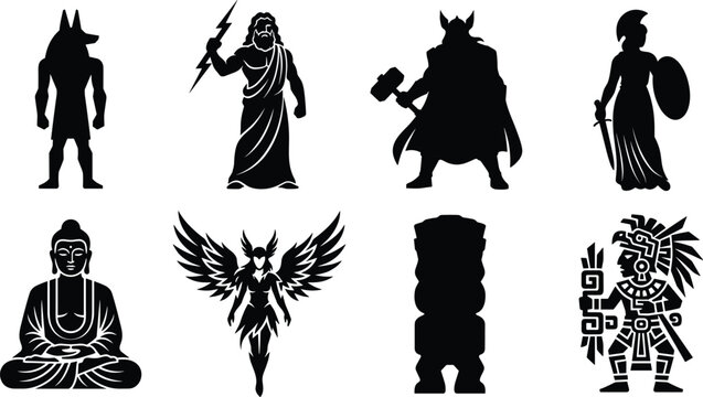 Ancient gods and mythological deities black silhouette vector set featuring Zeus Anubis Thor Athena Buddha Valkyrie Tiki and Aztec