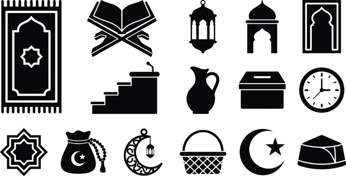 Black Household and Home Utility Icons Set with Lantern Stairs Pitcher Basket and Storage Symbols