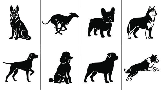 Dog breeds black silhouette vector collection featuring german shepherd greyhound french bulldog husky pointer poodle rottweiler and border collie