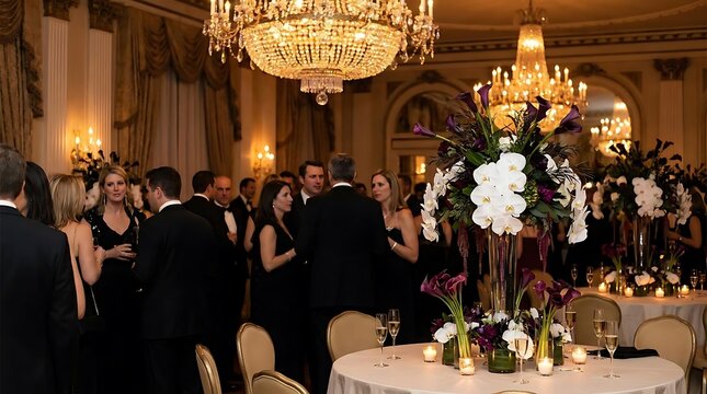 Formal dinner party in elegant chandelier lit ballroom