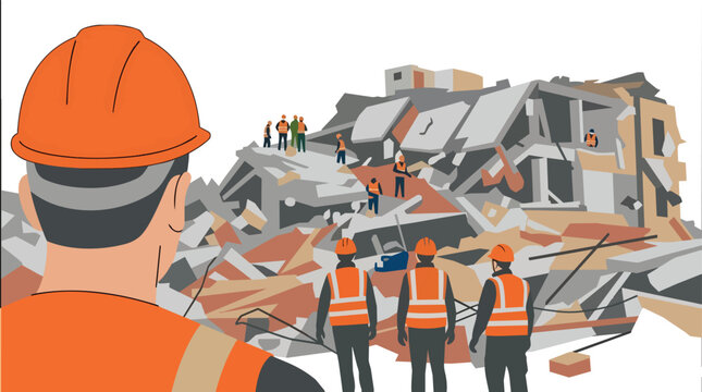 Emergency rescue team at disaster site with collapsed building flat vector illustration for humanitarian relief and urban search services