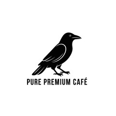 Obraz premium Black raven silhouette logo with text PURE PREMIUM CAF? on white background