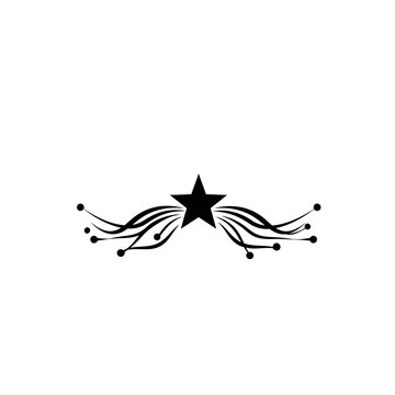 Black starburst graphic element with flowing lines and dots on white background