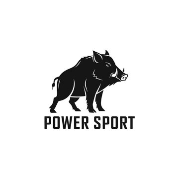 Black Wild Boar Silhouette with "Power Sport" Text - Strong Animal Logo