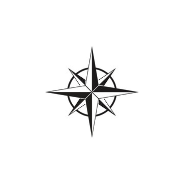 Black wind rose compass icon, navigation direction symbol, isolated on white background.