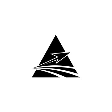 Black triangle with abstract arrow and speed lines, geometric logo design, vector graphic